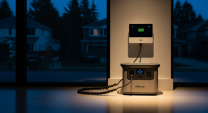 Una estación de energía portátil moderna suministrando energía de respaldo a un panel de control de alarma para el hogar dentro de una casa, mientras fuera es de noche y hay un apagón en el vecindario.