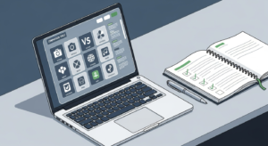 Ilustración de un espacio de trabajo moderno con un portátil mostrando una tabla de comparación de software de grabación de pantalla, junto a una libreta abierta, representando una guía de análisis objetiva.