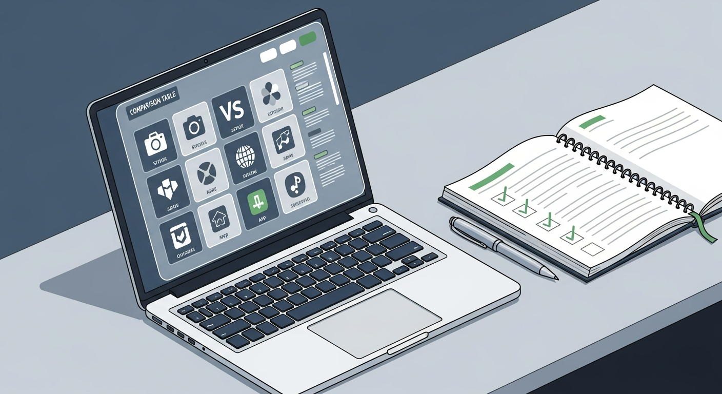 Ilustración de un espacio de trabajo moderno con un portátil mostrando una tabla de comparación de software de grabación de pantalla, junto a una libreta abierta, representando una guía de análisis objetiva.