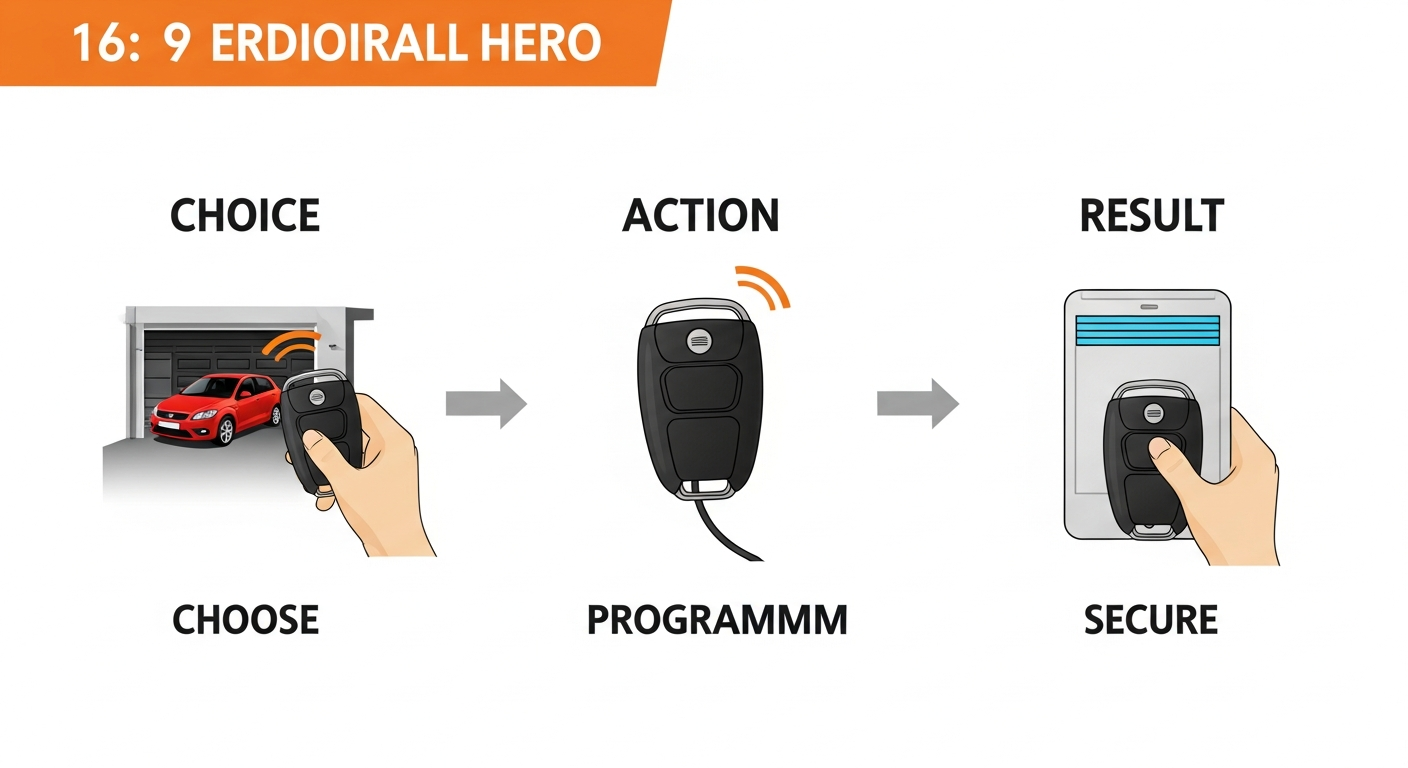 Infografía que ilustra el proceso de elegir entre dos mandos de garaje, programar uno en la motorización y el resultado de un garaje seguro y cerrado.