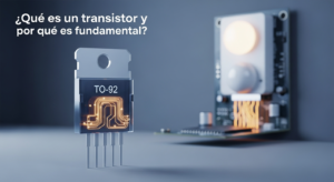 Representación 3D de un transistor con caminos internos luminosos, superpuesto sobre un fondo desenfocado de una placa de circuito y un dispositivo de seguridad para el hogar, simbolizando su papel fundamental en la electrónica moderna.