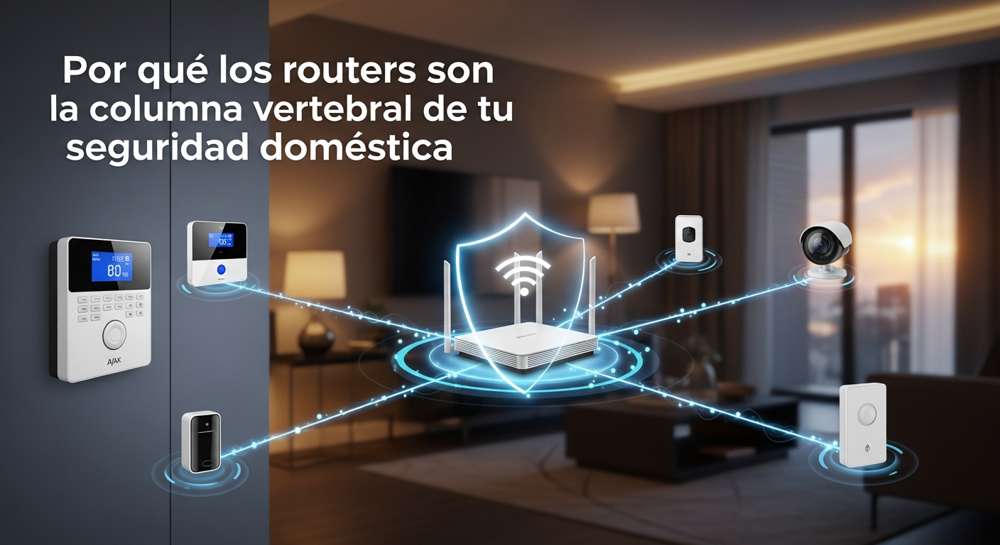 Ilustración conceptual: un router moderno como centro de una red doméstica segura, conectado de forma destacada a dispositivos de seguridad como una alarma y una cámara.