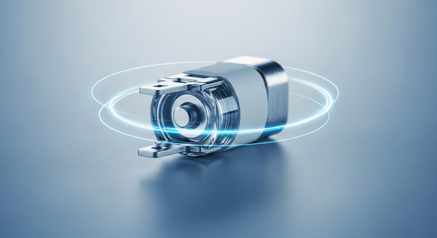 Fotografía detallada de un fusible eléctrico moderno, con líneas de corriente azul simbólicas a su alrededor, representando la protección y seguridad en una instalación.