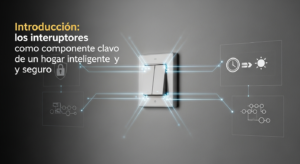 Un interruptor de luz moderno y minimalista montado en una pared, con líneas de luz que se extienden hacia un esquema de fondo que sugiere conectividad con sistemas de seguridad y automatización del hogar.
