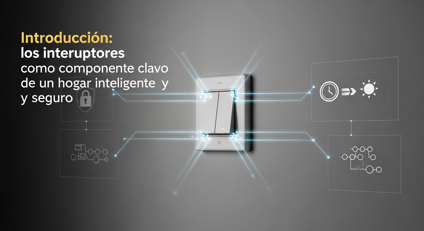 Un interruptor de luz moderno y minimalista montado en una pared, con líneas de luz que se extienden hacia un esquema de fondo que sugiere conectividad con sistemas de seguridad y automatización del hogar.