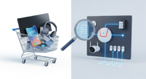 Ilustración conceptual que contrasta una compra de electrónica de consumo genérica con la selección profesional de un sistema de seguridad electrónico.