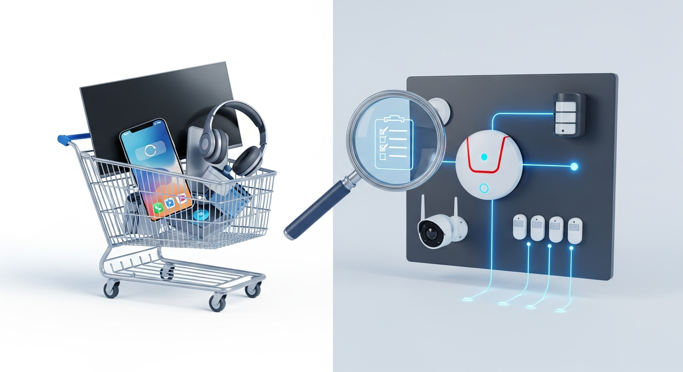 Ilustración conceptual que contrasta una compra de electrónica de consumo genérica con la selección profesional de un sistema de seguridad electrónico.