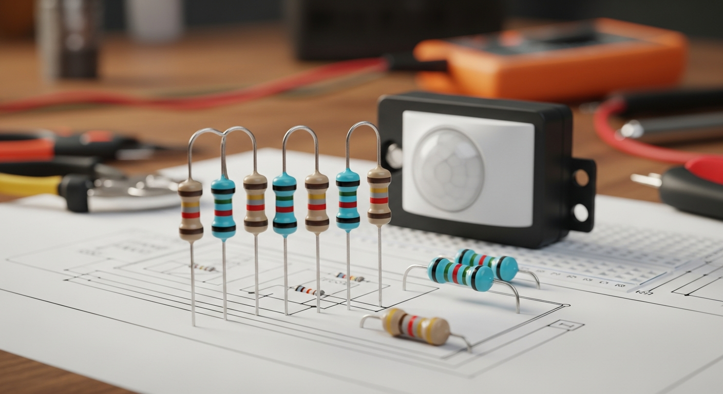 Varias resistencias electrónicas con bandas de colores colocadas sobre un diagrama esquemático, junto a un sensor de puerta magnético, en un banco de trabajo organizado.