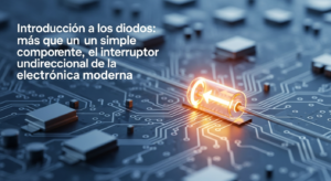 Representación minimalista y elegante de un diodo semiconductor brillante, integrado de forma abstracta en una placa de circuito moderna, simbolizando su función de interruptor unidireccional en la electrónica.