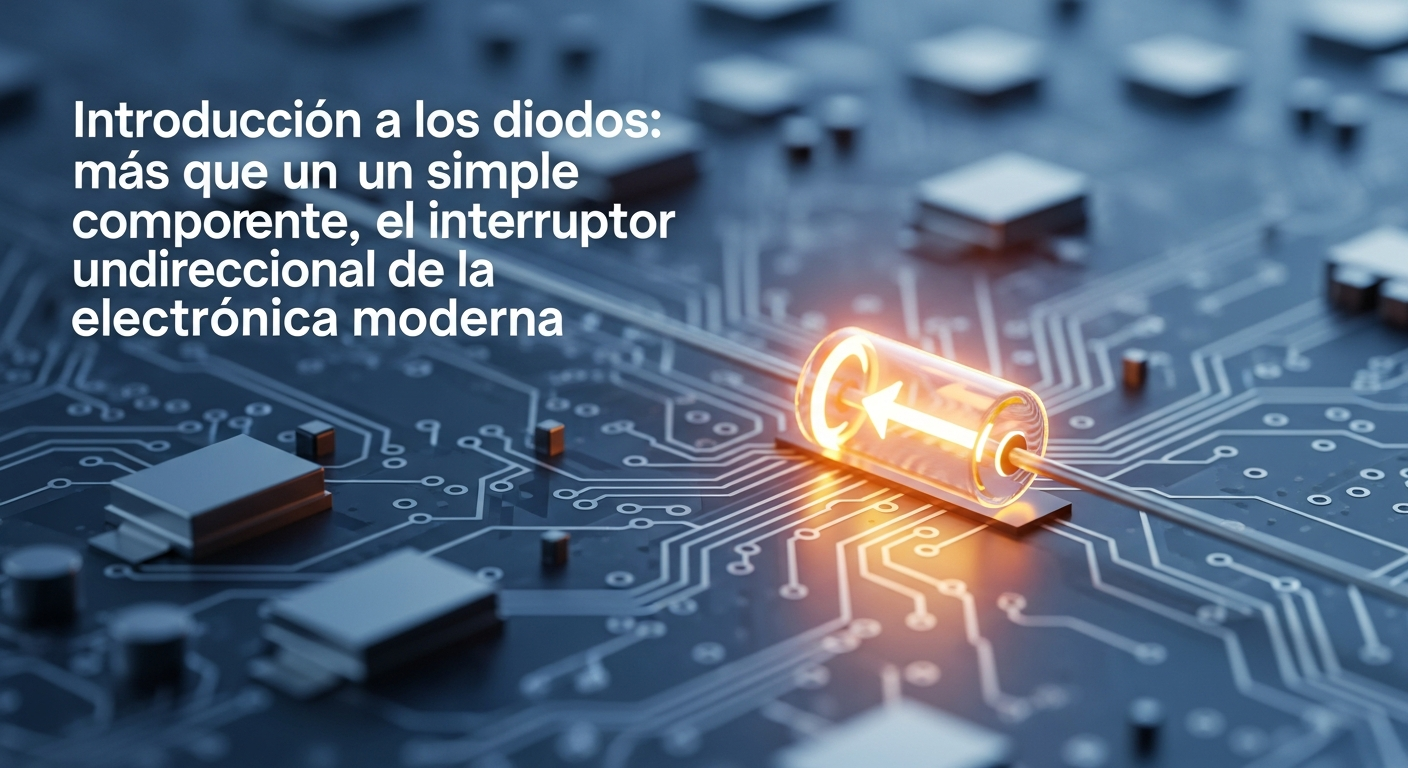 Representación minimalista y elegante de un diodo semiconductor brillante, integrado de forma abstracta en una placa de circuito moderna, simbolizando su función de interruptor unidireccional en la electrónica.
