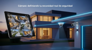 Representación visual moderna de un sistema de videovigilancia profesional integrado en una vivienda, mostrando cámaras discretas y una monitorización centralizada en una tablet.