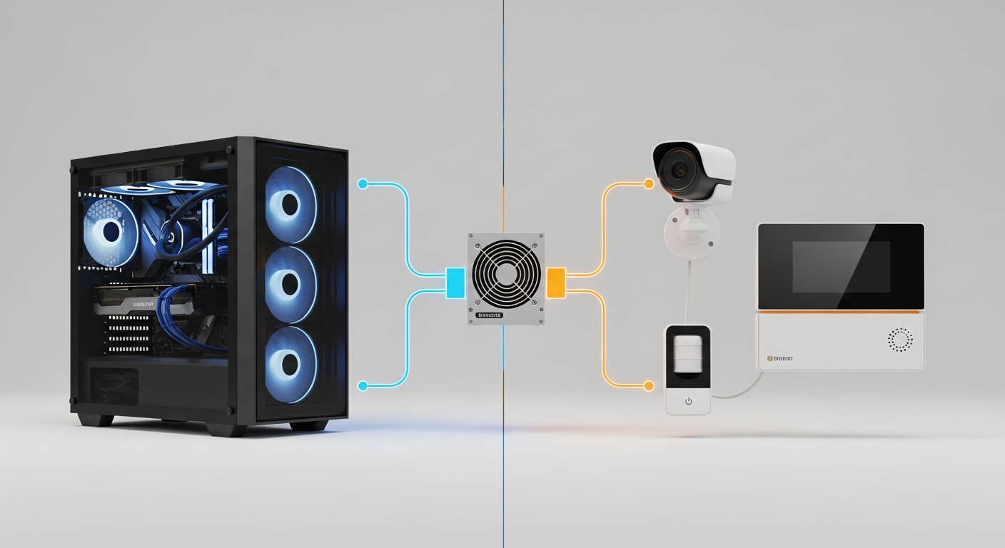 Ilustración 3D que compara visualmente una fuente de alimentación alimentando un ordenador moderno y un sistema de seguridad para el hogar, destacando su función dual.