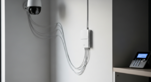 Un punto de acceso montado en la pared de un pasillo, conectado por cable a la red, con dispositivos de seguridad como una cámara visibles en el fondo, representando una instalación profesional integrada.