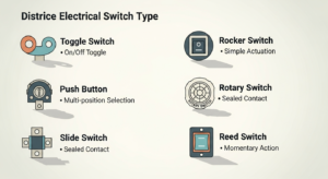 Comparativa visual de diferentes tipos de interruptores eléctricos para hogar y oficina