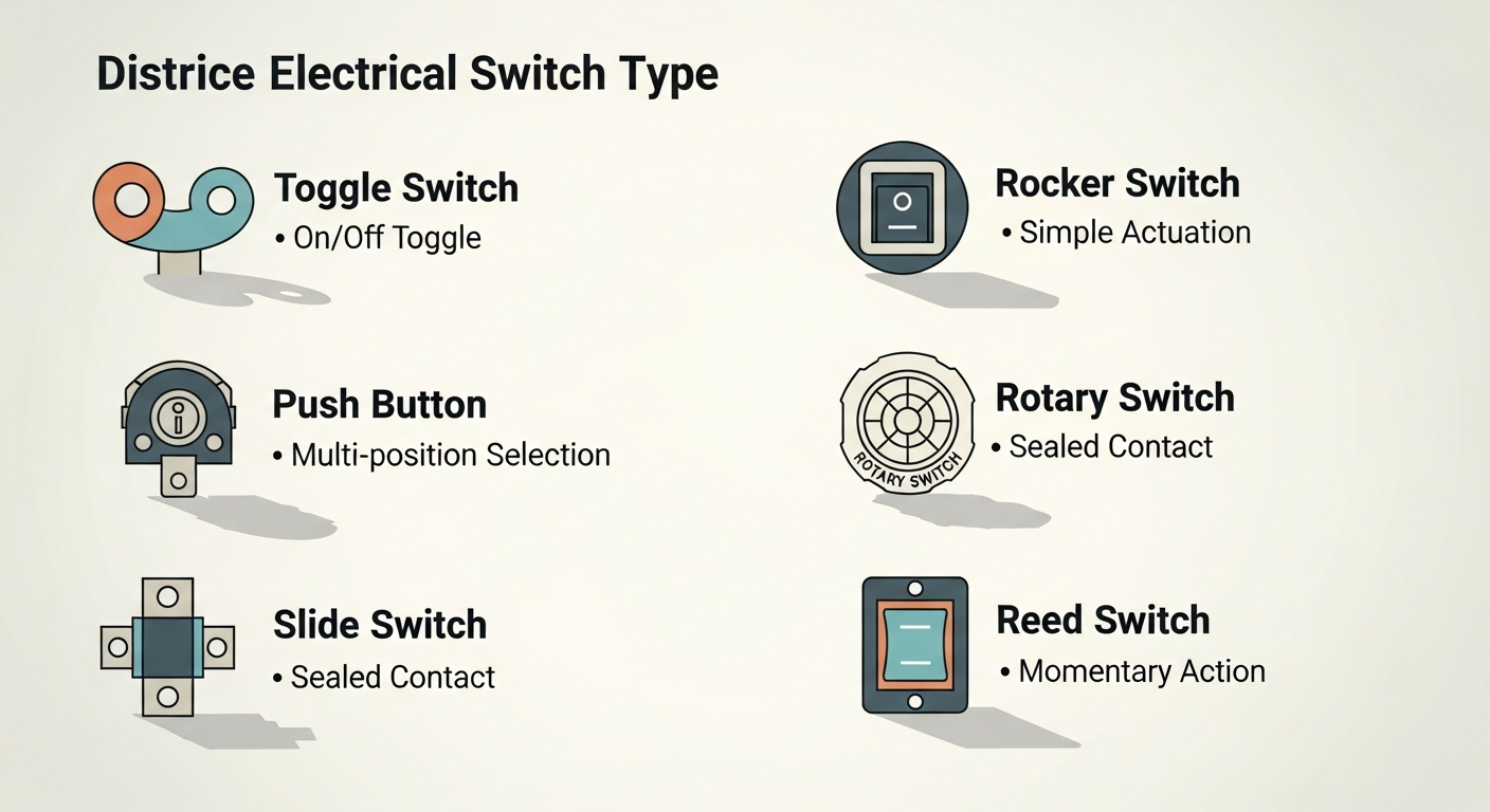 Comparativa visual de diferentes tipos de interruptores eléctricos para hogar y oficina