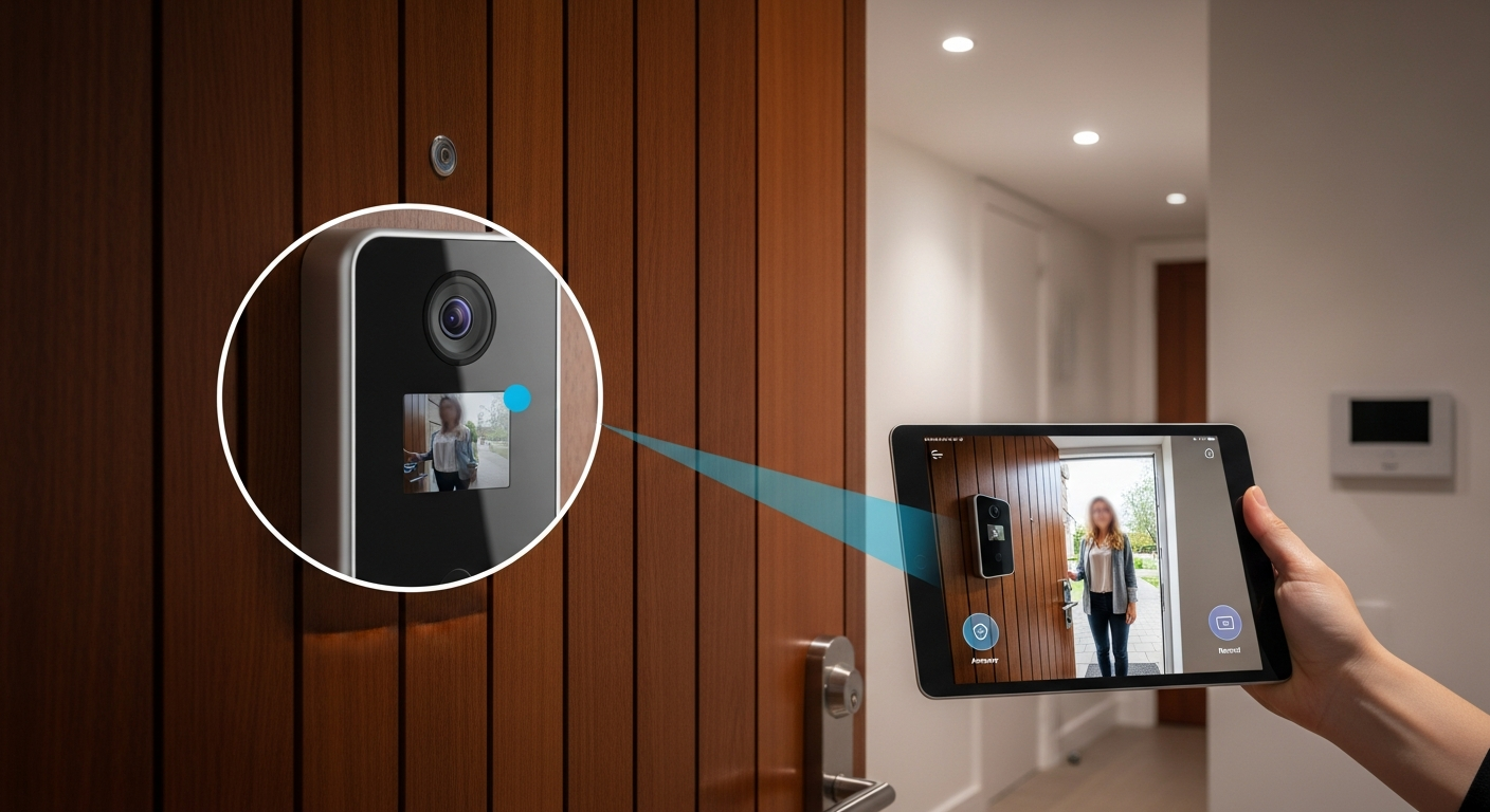 Una puerta de casa moderna con una mirilla digital instalada. Una persona sostiene una tablet que muestra la imagen en vivo de un visitante, captada por la mirilla, ilustrando el concepto de seguridad y control.