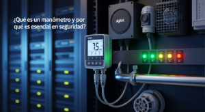 Ilustración técnica detallada de un manómetro digital integrado en un panel de sistema de seguridad moderno, mostrando su conexión para monitorización de presión.