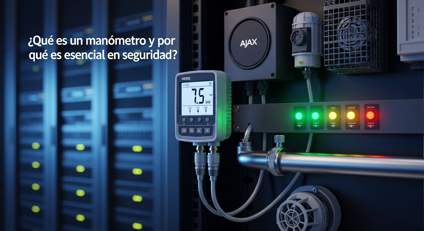 Ilustración técnica detallada de un manómetro digital integrado en un panel de sistema de seguridad moderno, mostrando su conexión para monitorización de presión.