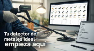 Un profesional utiliza un detector de metales moderno en un entorno de taller, con gráficos de comparación de productos visibles al fondo, representando una guía de compra experta.