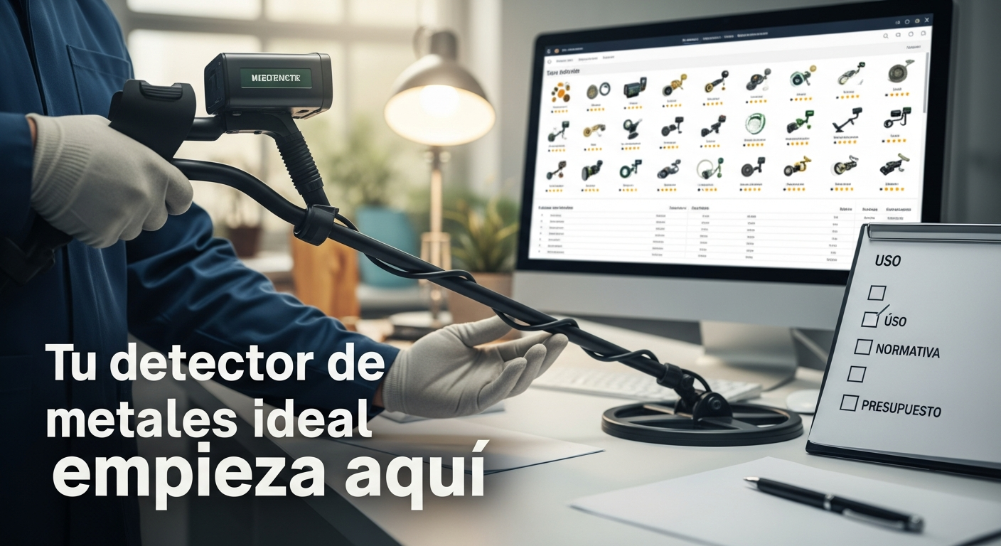 Un profesional utiliza un detector de metales moderno en un entorno de taller, con gráficos de comparación de productos visibles al fondo, representando una guía de compra experta.