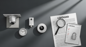 Composición profesional que muestra distintos modelos de cámaras espía discretas (detector de humo, cargador, reloj) junto a elementos simbólicos de una guía de compra: un checklist, un texto legal y un candado, representando una decisión de seguridad informada y responsable.