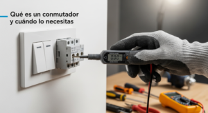 Primer plano de un conmutador eléctrico moderno en una pared blanca, con una mano con guante de protección utilizando un comprobador de tensión cerca de los terminales, simbolizando una instalación eléctrica segura y profesional.