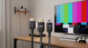 Una selección de cables HDMI de diferentes tipos colocados ordenadamente junto a una televisión y una consola, con una cámara de seguridad visible al fondo, representando una guía de compra para la conectividad del hogar.