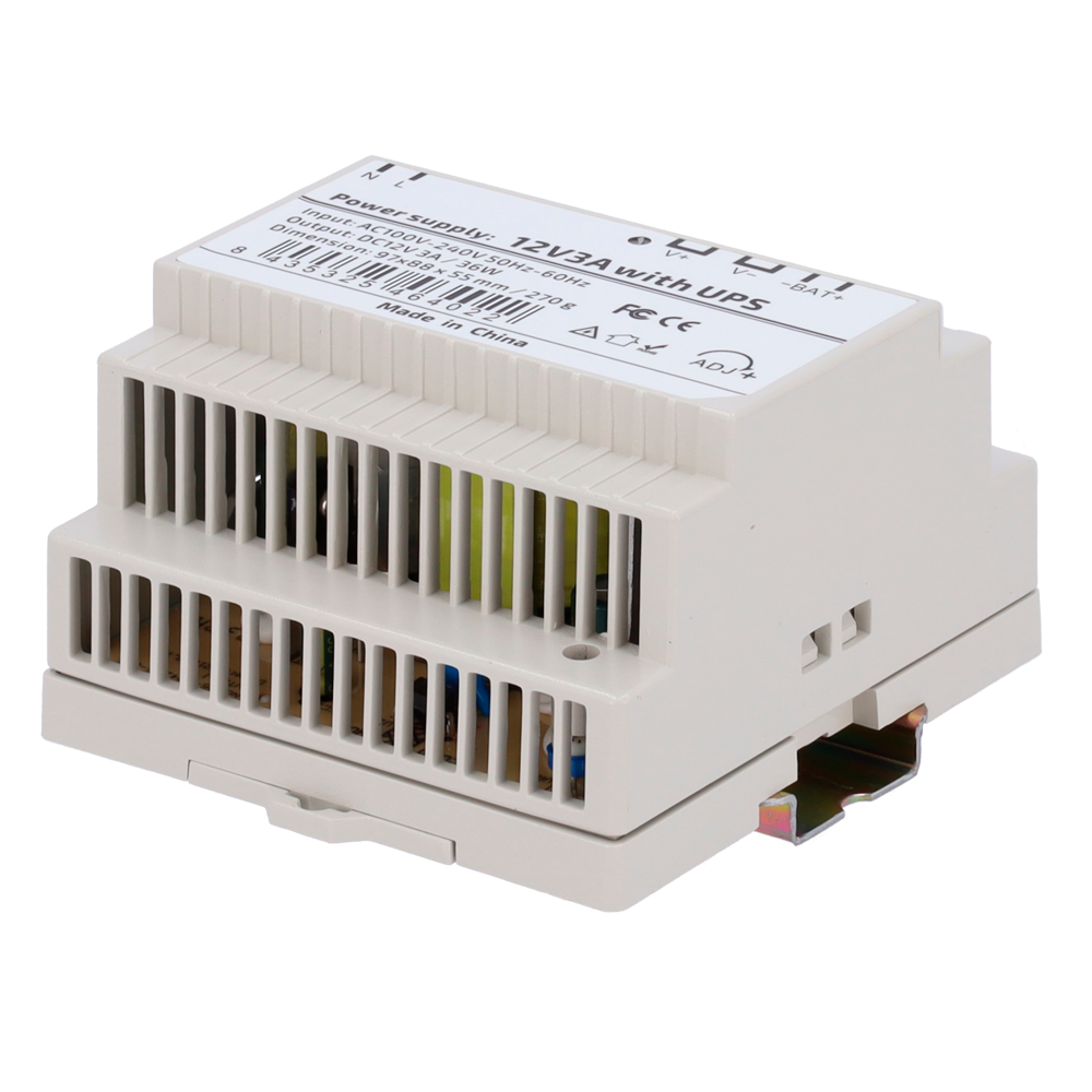 Fuente de alimentación con función UPS – Salida DC 12 V 3 A / 36 W (DC12V3A-DIN-UPS-P)